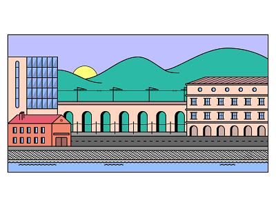 Empty Town bridge building city flat design house illustration landscape rail road town vector