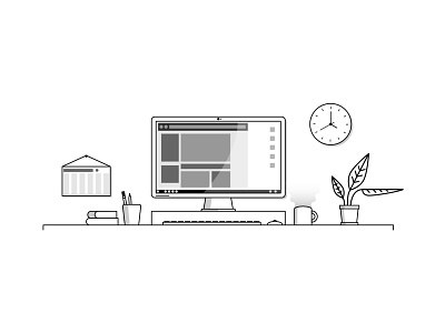 Desk black white clock computer desk flat design illustration keyboard plant vector