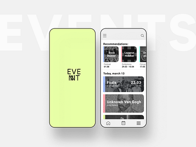 Event search app app application blackandwhite bright color colorful concept design event figma flat green idea main page minimal phone photoshop ui web