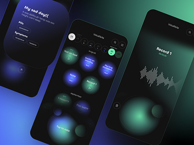 Voice recorder & Notes app. Monitoring and tracking your disease color concept dark design flat gradient idea mental health minimal notes physical health tap ui voice recorder