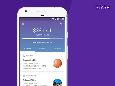 Stash Home Page Concept for Android android finance home invest material design mobile stash