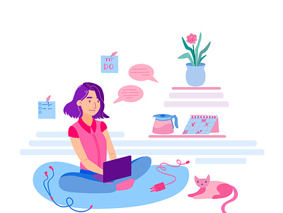 Freelance Girl Works from Home adobe cartoon cat character character design female flat design freelancer frelance girl home illustrator vector vector illustration vectorart woman work