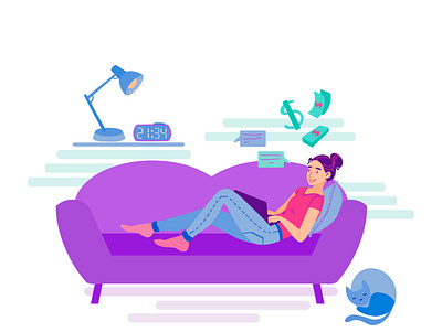 Freelancer Girl on the Sofa adobe cat character character design female flat freelancer girl home illustration money sofa vector vectorart woman work