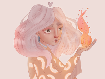 Magic fire characterdesign colorful fire girl character gradient illustraion light pink hair witchy yellow