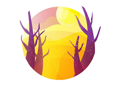 Yellow forest cartoon illustration circle background fairytale flat style nature purple sunny trees warm yellow