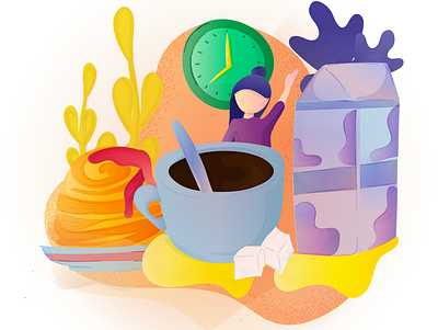 It's breakfast time! abstract blue bright coffee coffee cup colorful flat girl character girl illustration gradient grain texture milk orange plants purple shadow sugar sweets vector yellow