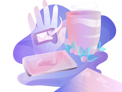 You have a message 📨 abstract abstract art colorful cup design dribbble flat gradient hand illustraion illustration message message app pallette plants purple smartphone tea vector
