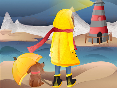 To the lighthouse adobe illustrator bright character colorful dog flat girl gradient illustraion illustration landscape illustration lighthouse mountains nature red scarf sea texture vector yellow