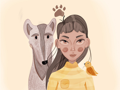 Be friendly🐶🧡 abstract character design characters colorful dog dog illustration friends friendship girl girl character girl illustration illustraion pastel paw pet vector yellow