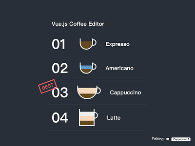 Vue.js Coffee Menu Editor animation app app design color css font graphic graphicdesign graphics grid inspiration motion typographic typography ui ux web web design webdeisgn website