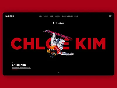 Burton Snowboard Athletes Page. Web Design Concept. branding burton chloe kim design minimal minimalism minimalist olympic games snowboard snowboarding ui ux web web design website xgames