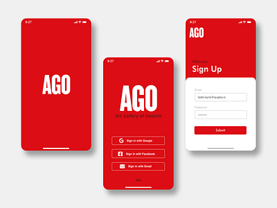 Art Gallery Mobile Application ago app art art gallery art gallery of ontario artist artwork branding design landing page museum sign in sign up ui signup ui ux