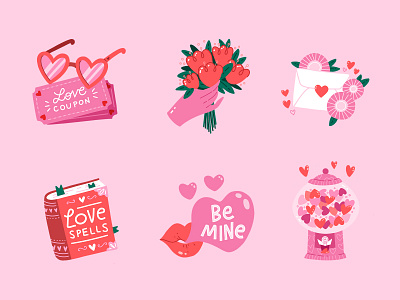 Stickers for Valentines Day candy cute flat flowers glasses hearts illustration lettring lips love mail procreate spell book stickers