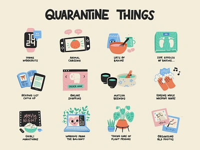 Quarantine Things apple watch baking cute hobbies home illustration matcha nintendo switch plants procreate reading stickers vector