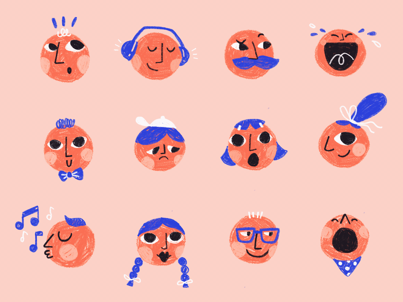 Familiar Faces Sticker Pack character cute design emojis face hand drawn happy illustraion procreate sad snapchat stickers