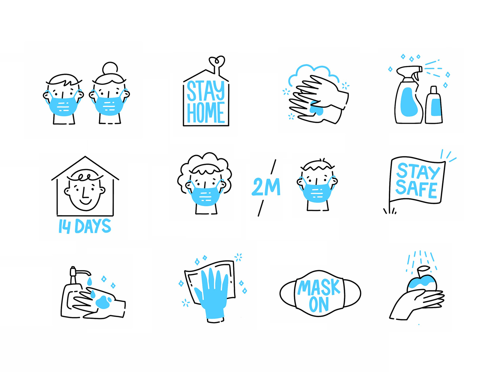 Social Distancing & Staying Safe Icon Set cleaning corona coronavirus covid19 face mask hand hand drawn icons illustration procreate quarantine sanitizer sanitizing social distancing stay home vector virus washing