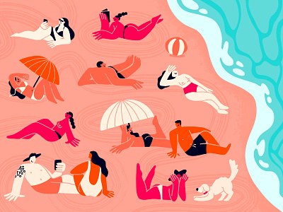 Summertime beach beachball dog fresco illustration procreate sand sea summer sunbathing umbrella vector