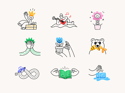 The joy of sending gifts icon set bear character cute family flowers fun gift high five icebreaker icon set icons illustration stickers ui vector