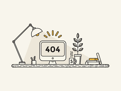 404 books coffee computer desk illustration lamp mac office plant vector