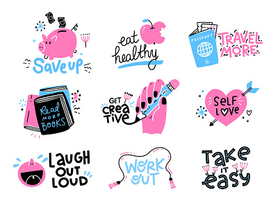 New Year Resolutions apple books cute flat handlettering heart illustration laughing passport pencil pig sticker typography vector