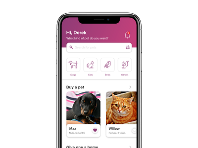 Pet Adoption App: Homescreen adobe adobe photoshop adobe xd app design design challenge ecommerce product design ui ui design ux vector