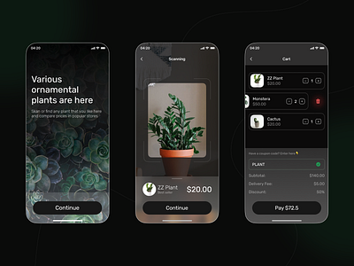 The Plant Shop Application UI dark mode dark theme dark ui ios app design plant plant application