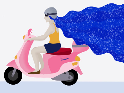 Girl on Vespa big hair blue drawing editorial illustration illustration digital scooter