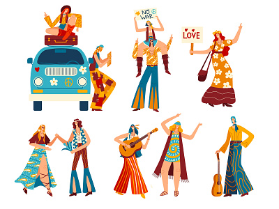 Set of vector illustrations Hippie characters characters design flat illustration vector