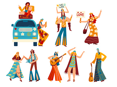 Set of vector illustrations  Hippie characters