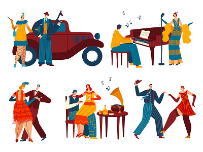 20s music. Set of vector flat characters characters design flat illustration minimal vector