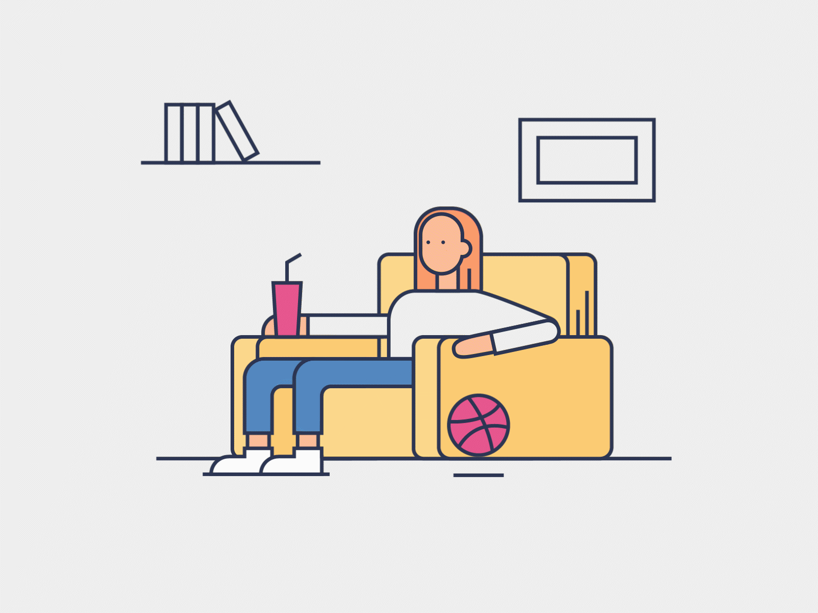 Hello Dribbble! aftereffects animation ball books bounce character dribbble flat frame hello house illustration living redhead room soda sofa