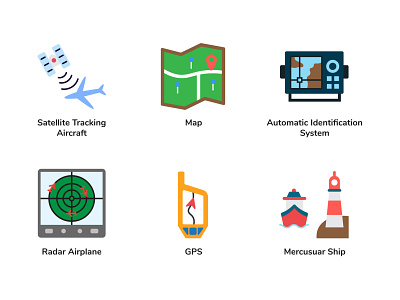Navigation Icons in Flat Style airplane app design gps icon icon set illustration map mercusuar navigation radar satellite ship vector