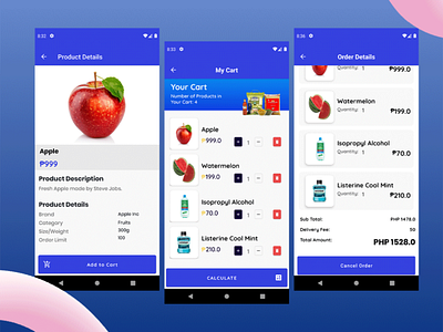 Grocery App | PRODUCT | CART | ORDER add to cart app blue cart delivery app grocery app mobile design order order details supermarket app ui ui design