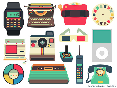 Retro Technology 2.0 art flat gadget game icon illustration polaroid throwback thursday toy typewriter vector