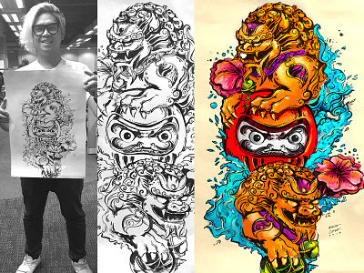 Guardian Lion & Daruma Doll Tattoo Design art design digital illustration ipad lineart paper procreate tattoo traditional