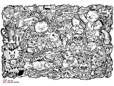 Party Cats Doodle! =^_^= art black and white cat cats design doodle drawing illustration ink marker meow paper