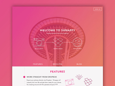 Shnappy Landing Page clean hues landing page marketing site orange photography pink start up web web design website