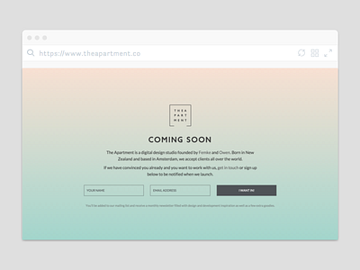 The Apartment - Coming Soon amsterdam clean coming soon page design studio europe gradient landing page launch splash page web design