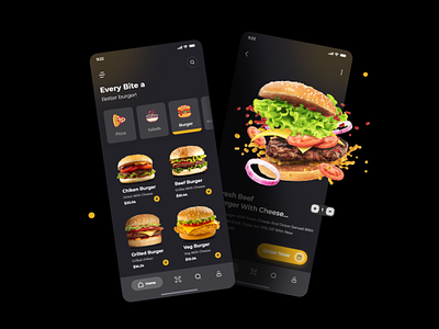 Food app burgers dark mode dark ui ecommerce food food app food delivery food illustration minimal pizza restaurant