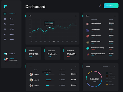 Agency Management Web appliation Dashboard (Dark Mode) agency clean clients dark dashboard management modern my team paltform ui web app