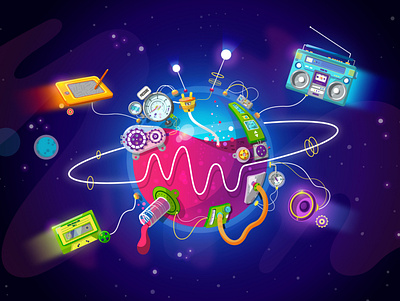 MilkyWaves Live Radio art colors creative design illustration mechanical planet radio space stars vector