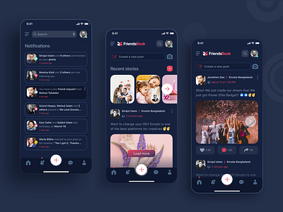 FriendsBook – Social Media Mobile App UI Kit #5 app design dark theme dating app events screen friends app mobile mobile app mobile ui kit notifications screen product design social media app social post screen