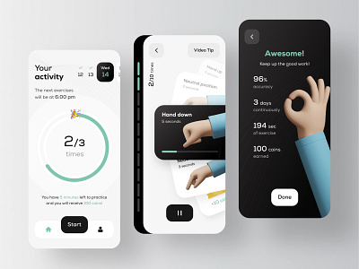 Mobile App for physiotherapy exercises 3d 3d hand activity calendar care exercises health health care system interactive mobile app mobile app for health modern progress ui ux