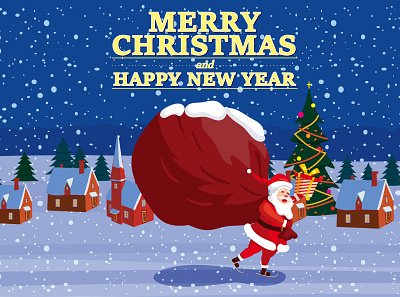 Santa Claus with big sack gifts app bag christmas design gift illustration landscape logo santa vector village winter