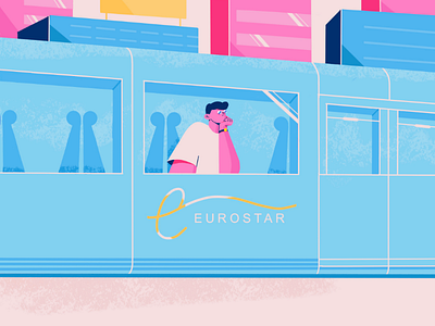 On the train traveling blue character character design eurostar illustration pink train travel