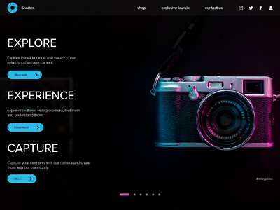 Homepage for camera shopping website adobe xd camera dark ui homepage minimal shopping ui vintage camera