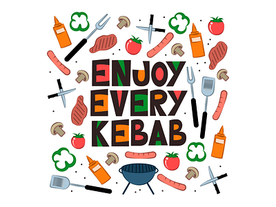 Lettering "Enjoy every kebab" ai bbq funny green groutesque illustration kebab lettering letters orange phrase red shawarma vector