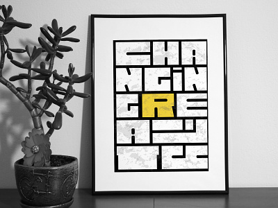 Lettering changing reality ai changing chopped font grotesque illustration lettering letters phrase poster quote reality vector white yellow
