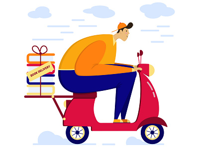 Courier on a scooter. Book delivery ai blue book courier delivery flat hypertrophied illustration orange scooter vector yellow