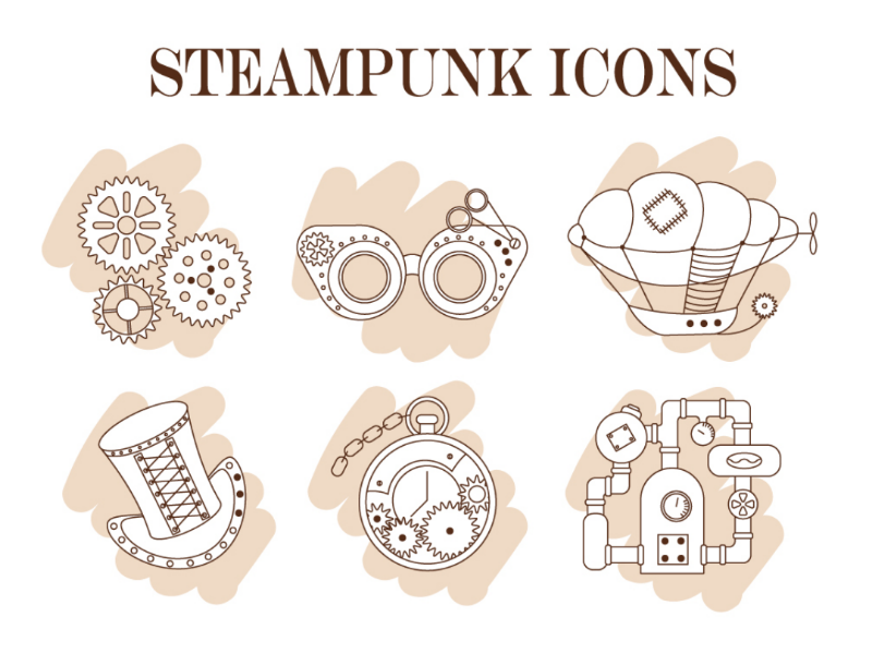 Steampunk icons vector steam-engine clock cylinder hat gears airship dirigible goggle icons steampunk
